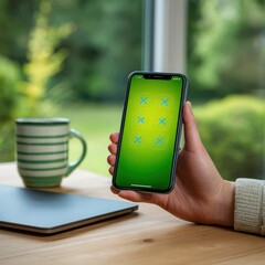 hand holding smartphone with green screen and blue x marks for application development, ui/ux design