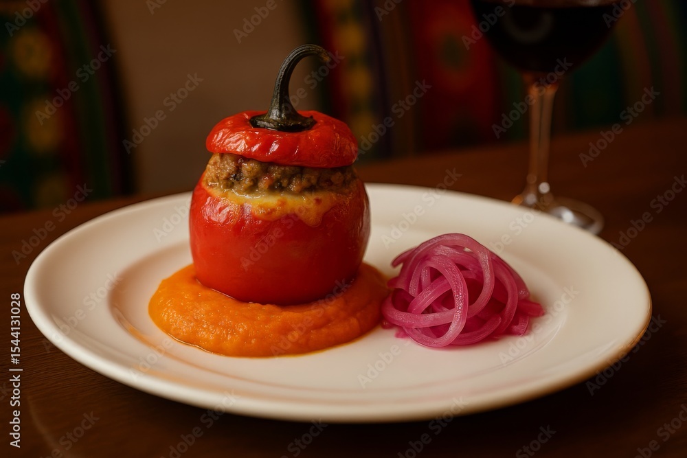 Slice Rocoto Traditional Peruvian Rocoto Relleno with Spicy Sauce and Pickled Onion ...