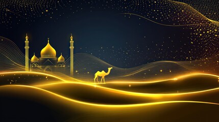 Wall Mural - golden desert mosque and camel, digital art