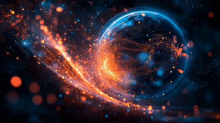 pulsating wireframe sphere with coded lights glows against a dark background. abstract digital netwo