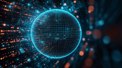 pulsating wireframe sphere with coded lights glows against a dark background. abstract digital netwo