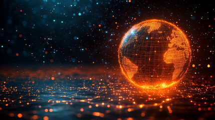 pulsating wireframe sphere with coded lights glows against a dark background. abstract digital netwo