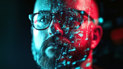 man immersed in virtual reality with digital overlay and modern glasses