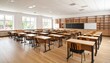 © chapicha - An empty classroom featuring rows of desks and chairs faces a wall with shelves, blackboards, and a whiteboard, bathed in the sunlight streaming through the large windows along the