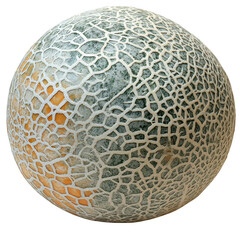 Close up of cantaloupe melon fruit with net like pattern on skin for healthy eating concept on transparent background