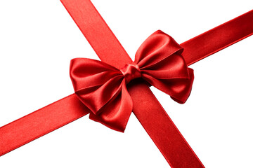 shiny red satin ribbon in classic bow shape on transparent background