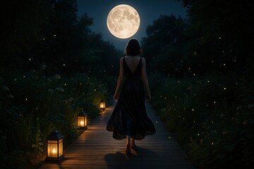 woman walking barefoot under glowing full moon with lanterns