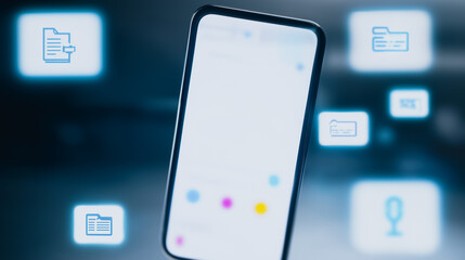 Wall Mural - mobile app integration: a sleek smartphone seamlessly integrates with various app icons, showcasing 