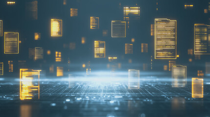 Wall Mural - digital document grid: a visualization of digital documents floating above a grid, representing data