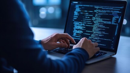 Wall Mural - coding on laptop with dark screen showing lines of code in software development