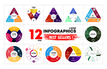 Wall Mural - 12 circle triangle vector infographics bundle. presentation 3 option step slide templates. circle ch