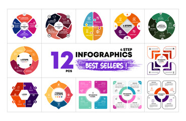 Wall Mural - 12 circle vector infographics bundle. presentation 4 option step slide templates. circle chart diagr