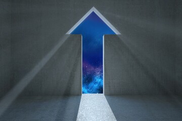 Wall Mural - arrow-shaped portal is revealing cosmic star field in flat design chamber, casting bright beam