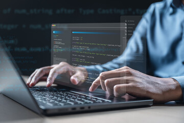 Software development business concept. Programmer coding computer. Developer programming web application technology. Software engineer. web developer.