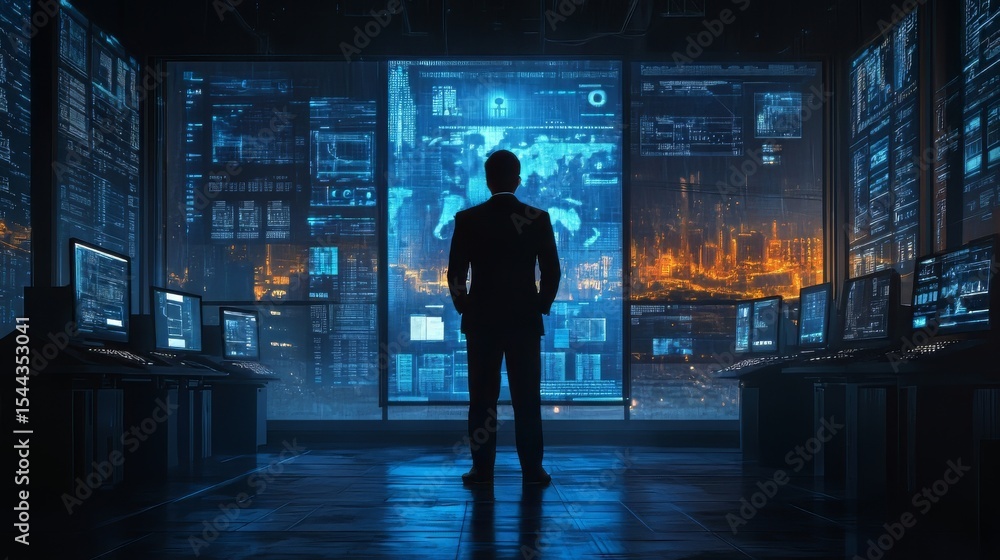 A businessman updating software on a computer, ensuring device functionality and security with new version installations.