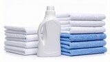 Bottle of fabric softener and towels isolated on white
