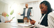 © peopleimages.com - Phone, meeting and distracted with business woman in office for policy violation, rude and bad employee. Poor performance, workshop conduct and reading with people in agency for company etiquette