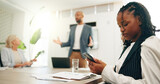 Phone, meeting and distracted with business woman in office for policy violation, rude and bad employee. Poor performance, workshop conduct and reading with people in agency for company etiquette