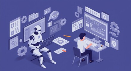 3D flat design concept of artificial intelligence and software development with a humanoid robot, programmer, and digital workspace environment including settings and tools