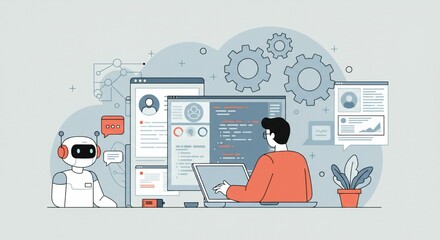 A modern vector illustration of a coding interface on a laptop, rendered in minimalist tech colors