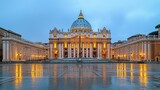 St. Peter's Basilica at dawn, bathed in golden light, reflecting on a wet plaza
