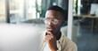 © peopleimages.com - Thinking, reading and business man on computer for decision, insight or journalist planning. African worker, idea and creative brainstorming, problem solving or inspiration for news story in office
