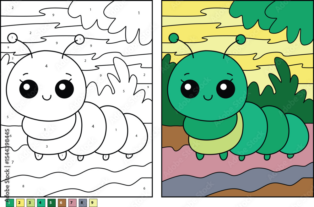 Cute smiling cartoon caterpillar next to a color-by-number outline ...