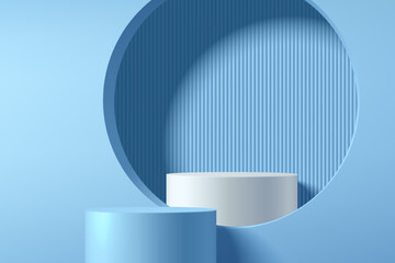 3D blue podium background and White podium in circle window. Abstract composition minimalist design. Studio display showroom cosmetic stand product pedestal, Fashion stage showcase mockup wall scene.