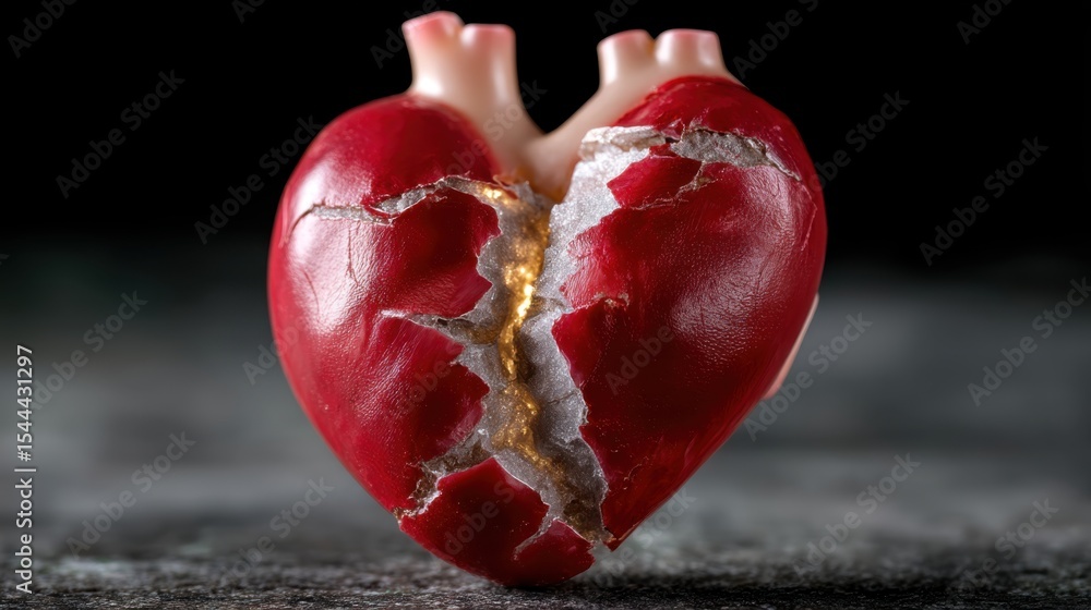 Cracked Anatomical Heart with Visible Golden Fractures Stock Photo ...