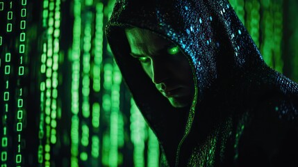 Wall Mural - a hooded figure with glowing green eyes and a dark, textured cloak, standing in front of a backgroun