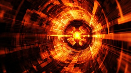 Wall Mural - a futuristic, orange and black tunnel with a glowing, circular light at the end.