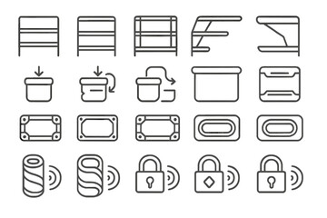 Wall Mural - set of minimalistic icons for containers, locks, and various objects with a sleek, industrial style.