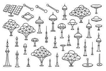 Wall Mural - set of abstract icons depicting futuristic towers, solar panels, and geometric structures.