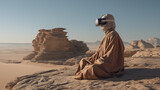Monk wearing VR goggles in timeless desert landscape, merging ancient wisdom with virtual awakening