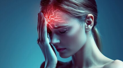 Wall Mural - a woman with a red light on her forehead, possibly experiencing a headache or auras.