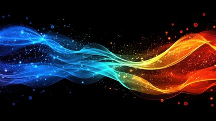 Wall Mural - a vibrant, colorful abstract wave design with blue, orange, and red hues against a black background.