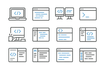 Digital interface icons display in blue on grey background