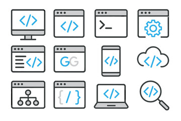web development icons representing coding and technology concepts