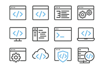 Blue glowing programming icons on dark background representing coding and development