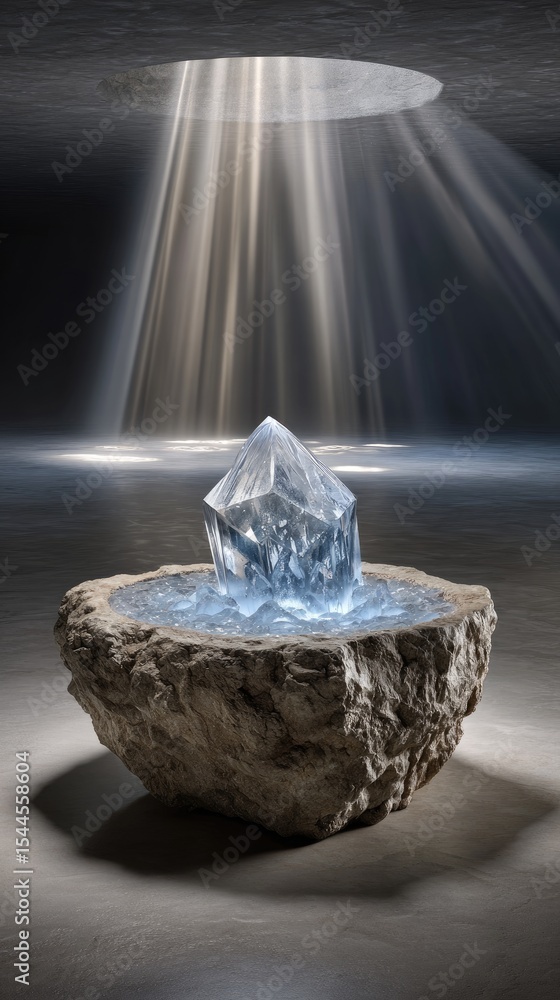 Crystal object in stone basin with light rays Stock Photo | Adobe Stock