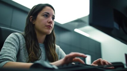 Focused female coder diligently working on coding projects in modern workspace