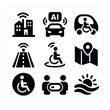 © Ms. Fox - Future Mobility Icons. Solid, filled icons set of future-forward accessible mobility: smart city icon, AI