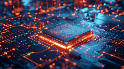 A computer chip is shown in a very detailed and colorful way