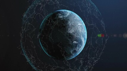 Wall Mural - bright sun flare emerging and sweeping across rotating 3d earth globe highlighting network links