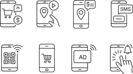 title: mobile e-commerce and digital advertising icons: shopping, location, qr code, and push notifi