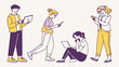 © Ritu - Cartoon illustration of businesspeople, a young woman with a bag, and a family group with kids shopping, all in a fun, vector art style