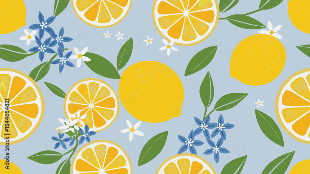 Seamless pattern featuring lemons, lemon slices, green leaves and small ...