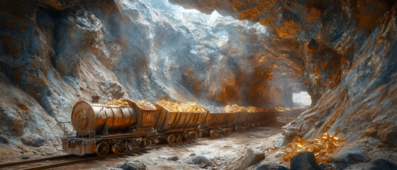 Wall Mural - an old train in a mine hauling ore, illuminated by a dim light. useful for articles about industrial