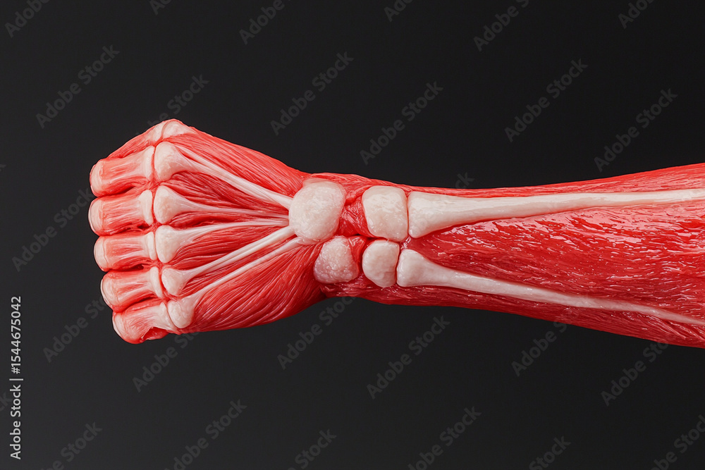 Muscle and bone anatomy of human forearm and clenched fist showing ...