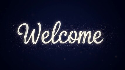 Elegant Animated Welcome Message with Sparkling Particles on Dark Blue Background